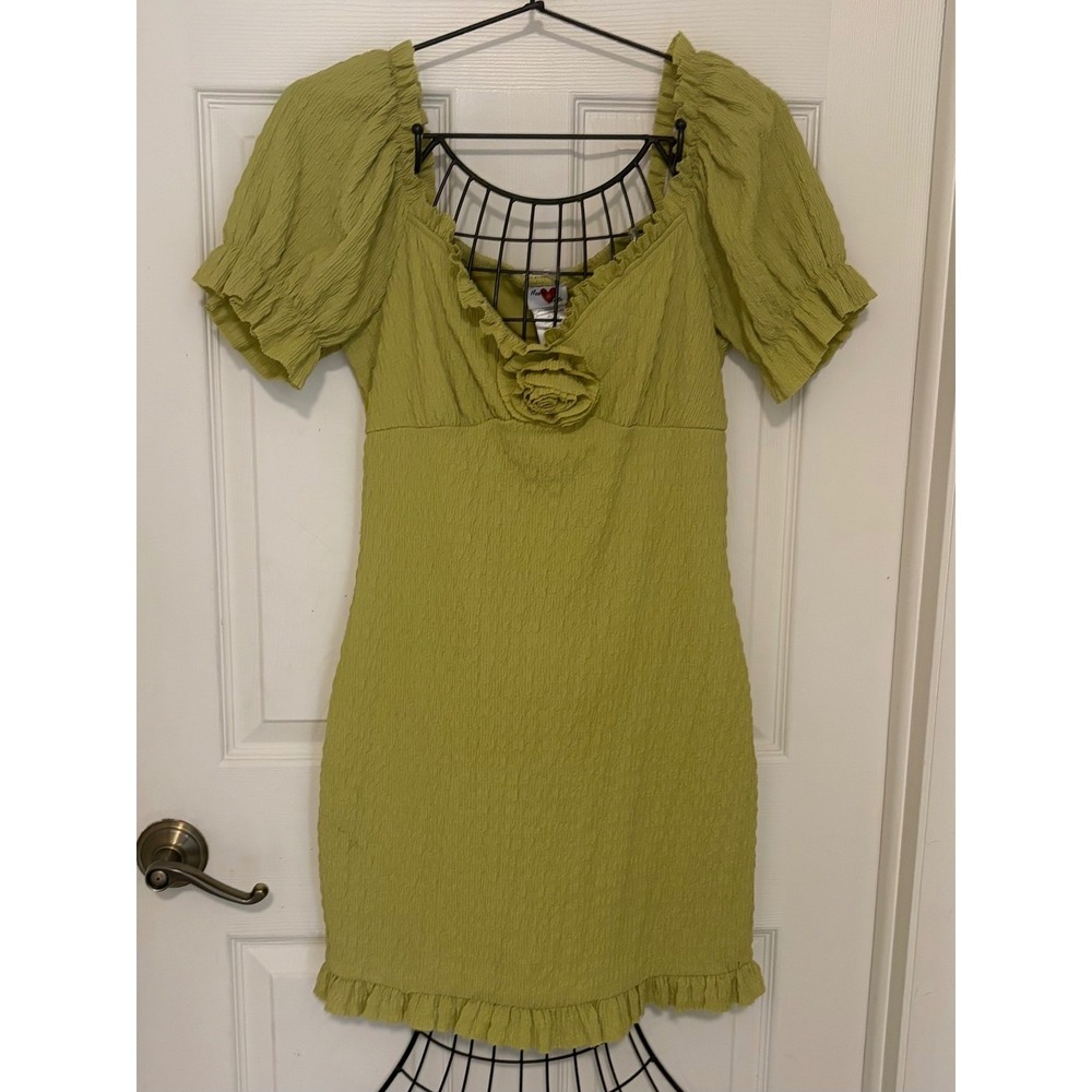 Hearts & Heels Green Textured Puff Sleeve Ruffle Bodycon Midi Dress Sz XL